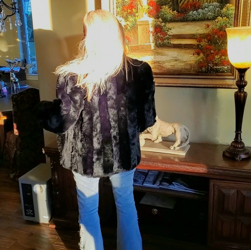 Black Striped Rabbit Fur Jacket - Picture 15 of 17